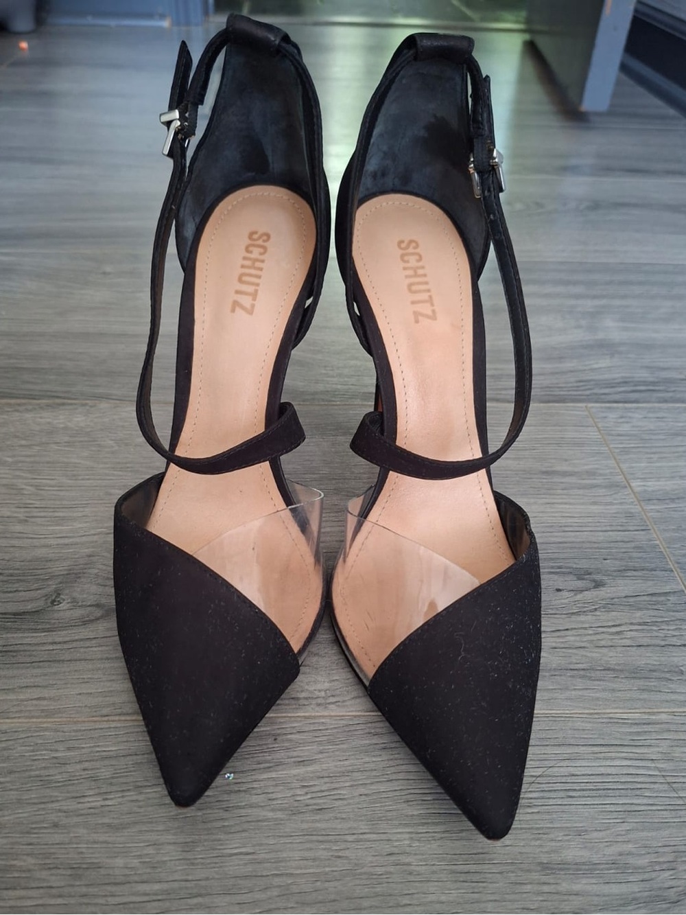 SCHUTZ Nissy Black Pointed Toe Ankle Strap Pumps with Clear Panel - Picture 2 of 6